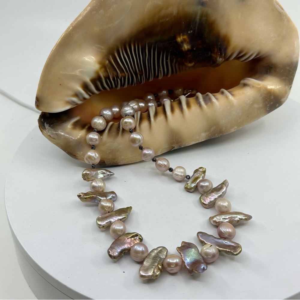 Pink Baroque Pearl Necklace – Unisex, Handmade, 19”